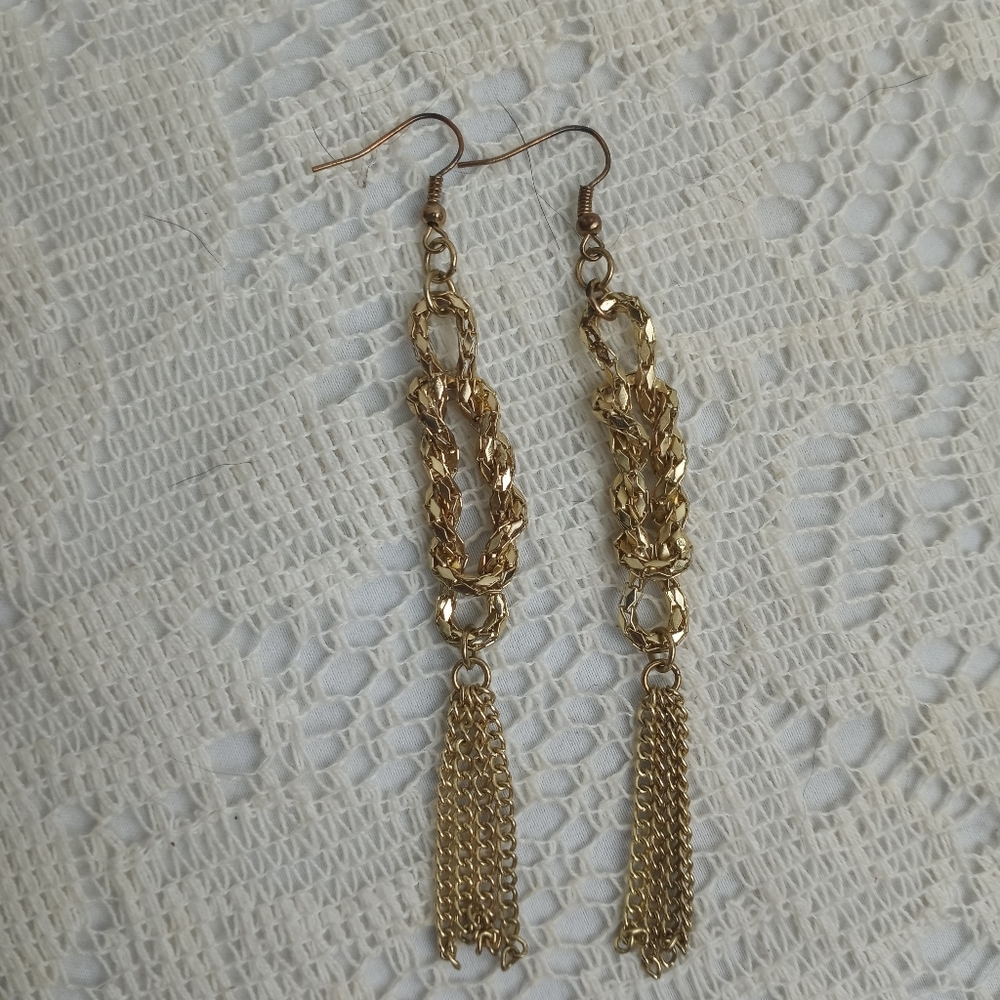 Vintage Gold Tone Twisted Chain Tassel Dangle Hook Earrings Long 3½"